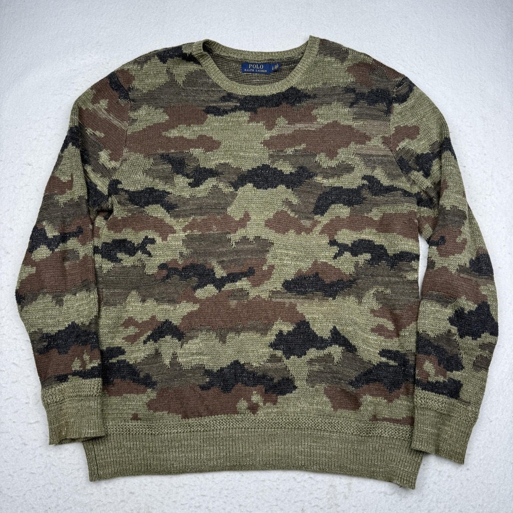 Polo Ralph Lauren Sweater Mens Large Green 100% Cotton Camo Crewneck Knit